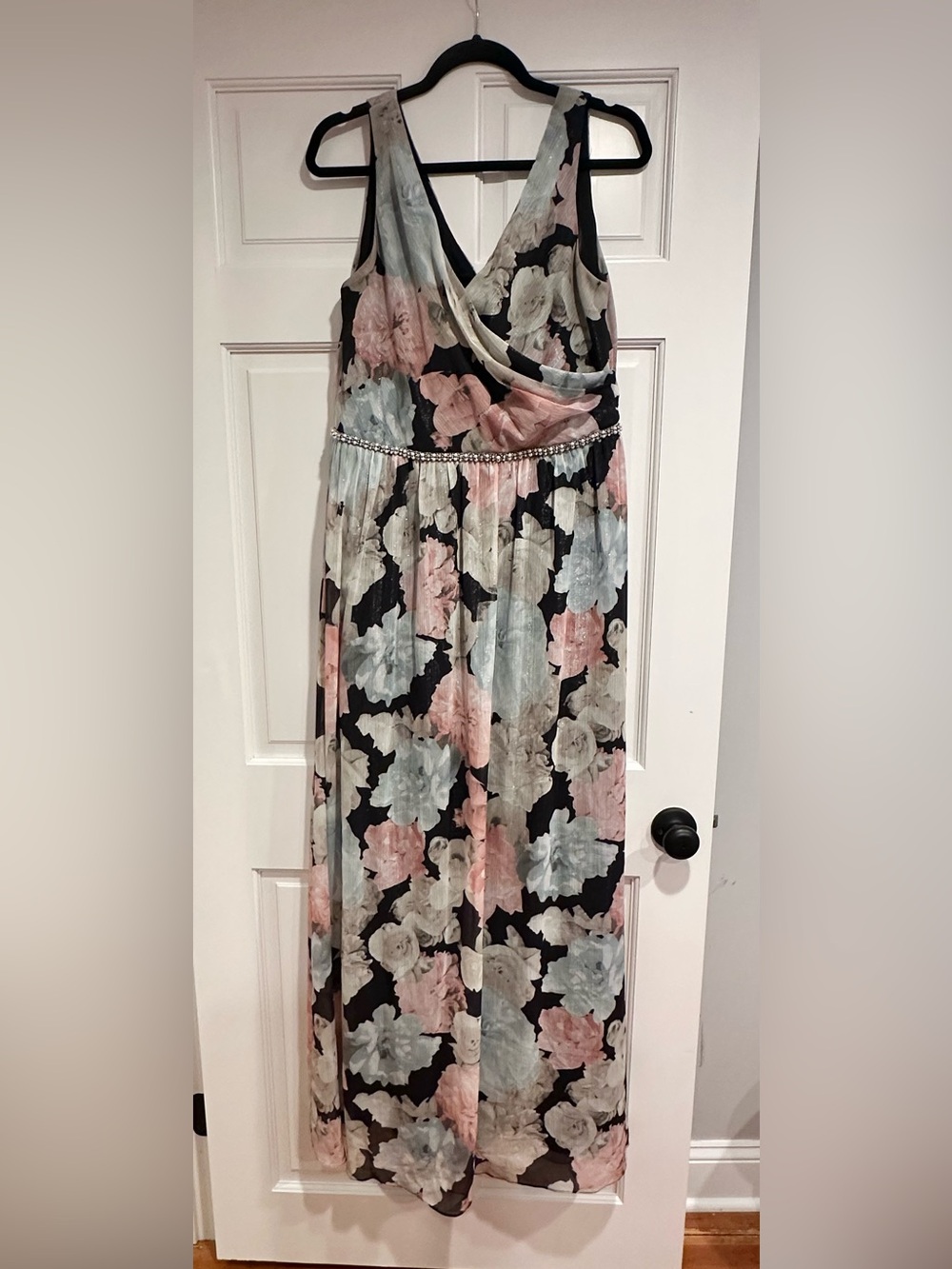 Floral Maxi Dress with Rhinestone Waistband - Black, Pink Beige & Blue